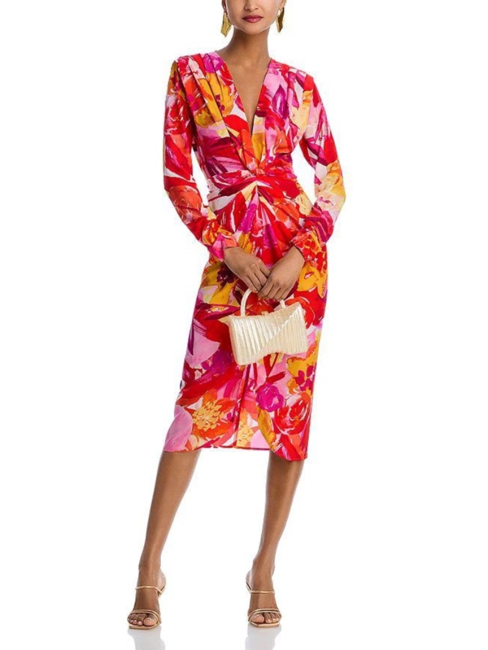 NWT Aqua Abstract Floral Faux Wrap Midi Dress Deep V-Neck Red Multi Size